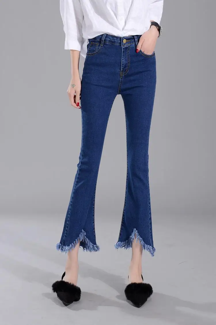 Эластичные хлопковые джинсы женские модные джинсовые расклешенные брюки нерегулярные кисточкой Высокая талия джинсы узкие карманы женские брюки