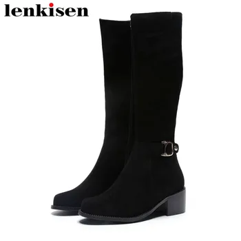 

2018 new arrival cow suede round toe med chunky heels zipper buckle belt rivets plus size winter warmful knee-high boots L52