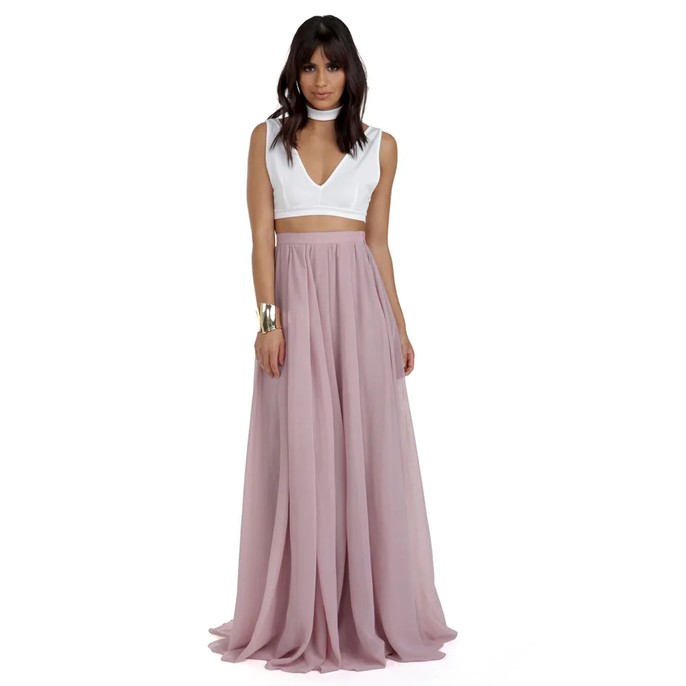

New 2017 Summer Floor Length Long Chiffon Skirts For Women Mauve Color Fashion Pleat Women Bottoms Female Skirt Saia