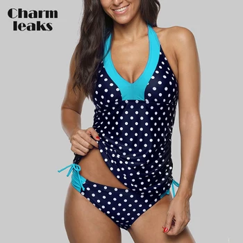Charmleaks Women Tankini Set Colorblock Swimwear Side Bandages Polka Dot Swimsuit Padded Bandage Bathing Suit knot side polka dot peplum top