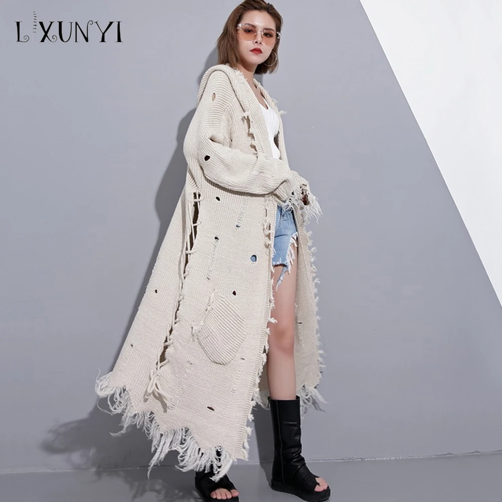 ^*Best Offers LXUNYI Streetwear Long Cardigan Women Autumn 2019 Long Sleeve Knit Hooded Cardigan Mujer Pockets Loose Lady's Sweater Coat Long