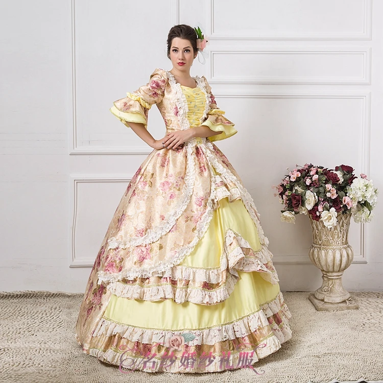 

100%real royal rose flower printing court medieval dress Renaissance gown royal Victoria dress/princess cosplay Belle Ball