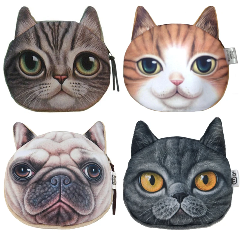  2016 Top Fashion 3D Cute Cat Face Printing Zipper Coin Purses Women Cartoon Coin Wallets Ladies Makeup Storage Bag 