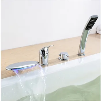 

Contemporary Chrome Finish Three Handles LED Tub Faucet with Hand Shower