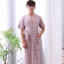 Летний хлопок мужской полосатый халат короткий рукав v-образный вырез кардиган свободный плюс размер L-XXXXL Повседневный халат