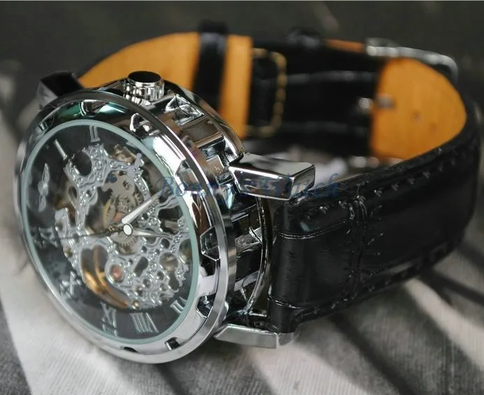 Fashion Winner Black Leather Band Stainless Steel Skeleton Mechanical Watch For Man Gold Mechanical Wrist Watch Luxury Brand
