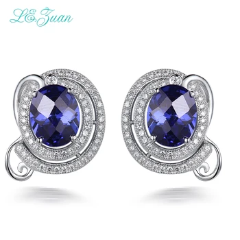 

L&zuan 5.84ct Blue Stone Earrings Real 925 Sterling Silver Jewelry Earrings For Women Checkerboard Cut Gems Luxury Jewelry