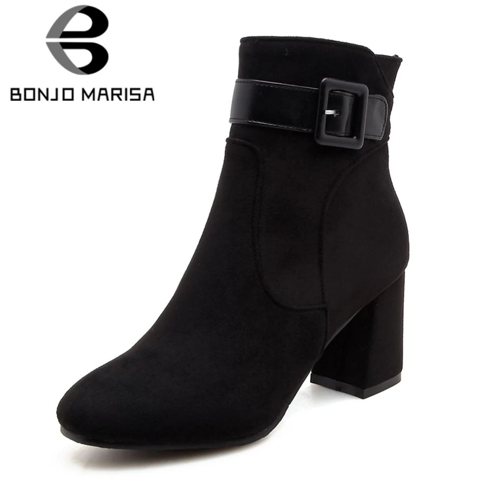 

BONJOMARISA Large Size 32-43 Elegant Flock Vintage Ankle Boots Women Autumn 2018 Buckle Strap Decorating High Heels Shoes Woman