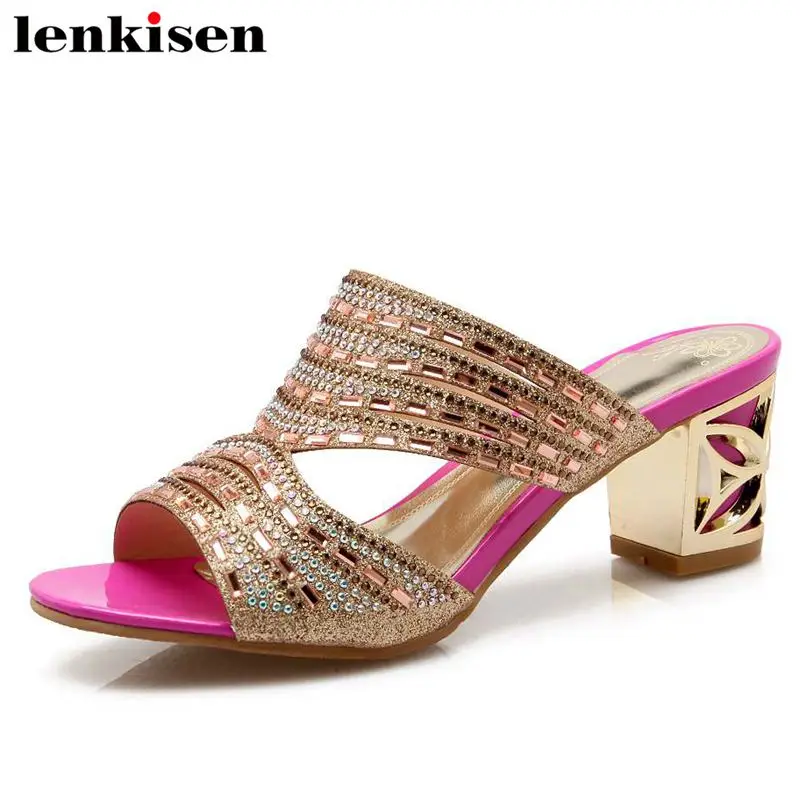 

Lenkisen gentlewoman plus size pu shining rivet string bead solid mules high fretwork heel event party elegant women sandals L22