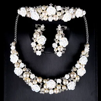 

Silver Color Ceramics Flower Crystal Rhinestone Pearl Necklace Tiaras Earrings Set Bridal Wedding Accessories Jewelry Set LB
