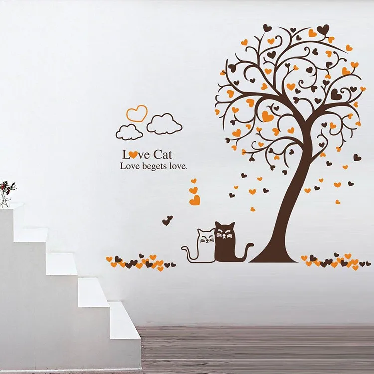 Autocollant Mural Dessin Anime Arbre Etiquette D Art Citation De Chat D Amour Autocollant Mural Decoration Romantique Affiche Graphique Aliexpress