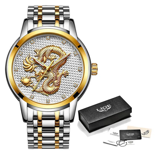 2021 LIGE New Golden Mens Watches Top Brand Luxury Chinese Dragon Watch Business Full Steel Quartz Clock Male Relogio Masculino Gold white S