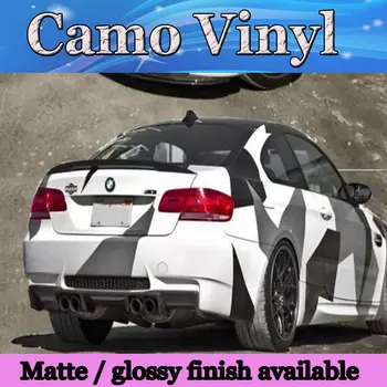 

New Large Black white grey Pixel Camo Vinyl Car Wrap Styling With Air Rlease Gloss/ Matt Arctic Camouflage covers 1.52x30m/Roll
