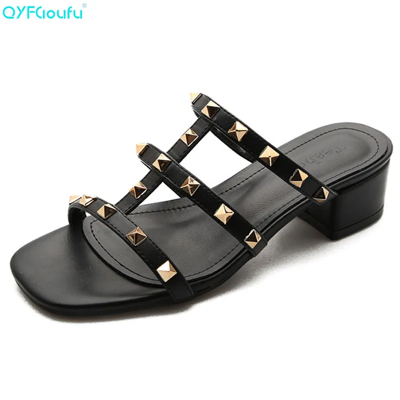 

QYFCIOUFU 2019 Summer Women High Heels Sandals Women Rivets Open Toe Heels Luxury Fashion Studded Slippers