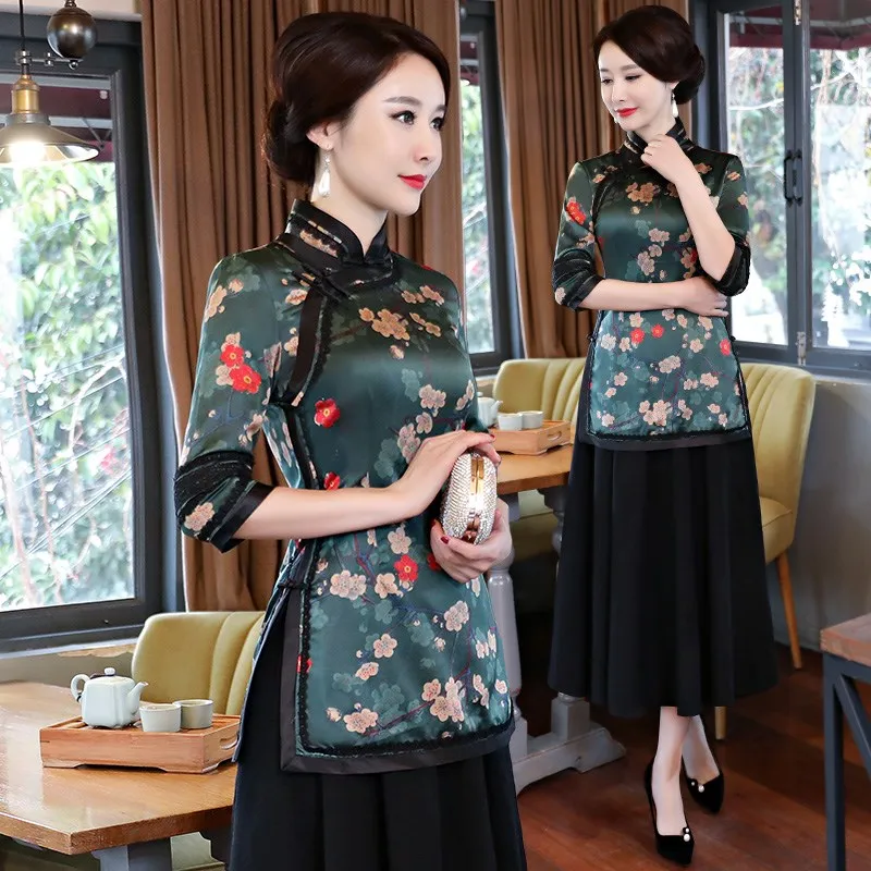 Nieuwe Zomer vrouwen Blouse Rok Sets Traditionele Chinese 2 st Korte Mouw Mandarijn Kraag Cheongsam Jurk Maat S-XXXL 9963 Nieuwe Zomer vrouwen Blouse Rok Sets Traditionele Chinese 2 st Korte Mouw Mandarijn Kraag Cheongsam Jurk Maat S-XXXL 9963