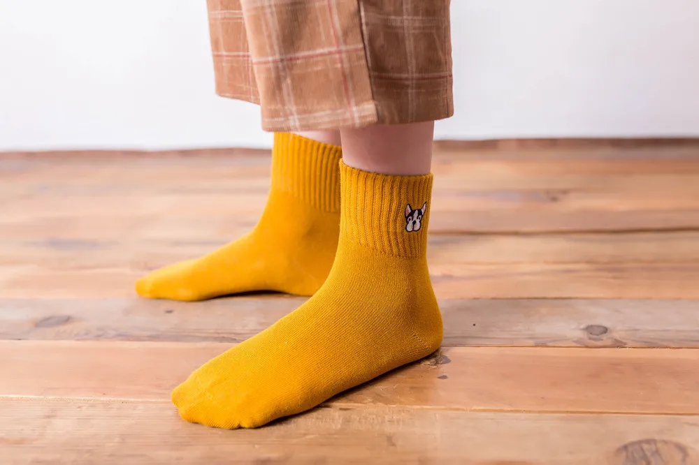 Осенне-зимние носки для женщин, хлопковые носки harajuku, милые носки с вышитой собачкой из мультфильма, Женские повседневные носки meias mujer
