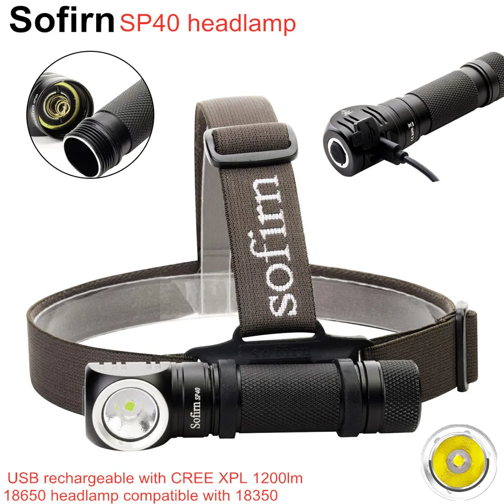 Sofirn SP40 светодиодный налобный фонарь Cree XPL 1200lm 18650 USB Перезаряжаемые фар 18350 фонарик 4 режима с памятью Мощность индикатор