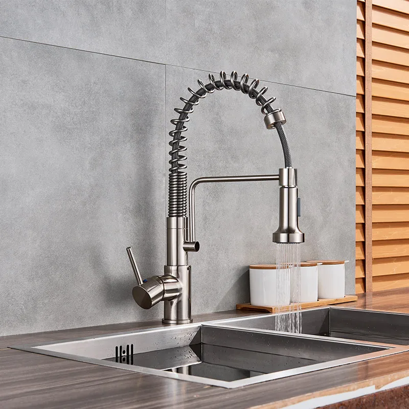 

Brushed Nickel Kitchen Faucet Bolden Single Handle Commercial with Dual Function Pull Down Spray Head Finish