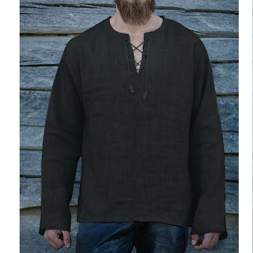 Men Viking Pirate Full Sleeve T-shirt Medieval Cosplay Costumes Bandage V-neck Linen Breathable Ranger Knight Retro Clothing