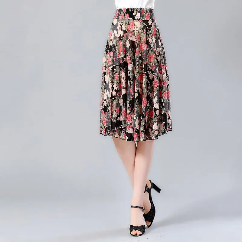 Новая летняя однотонная женская юбка с цветочным принтом, высокая талия, эластичная плиссированная юбка, Saias Midi Faldas, Повседневная трапециевидная юбка, 11 цветов - Цвет: 23