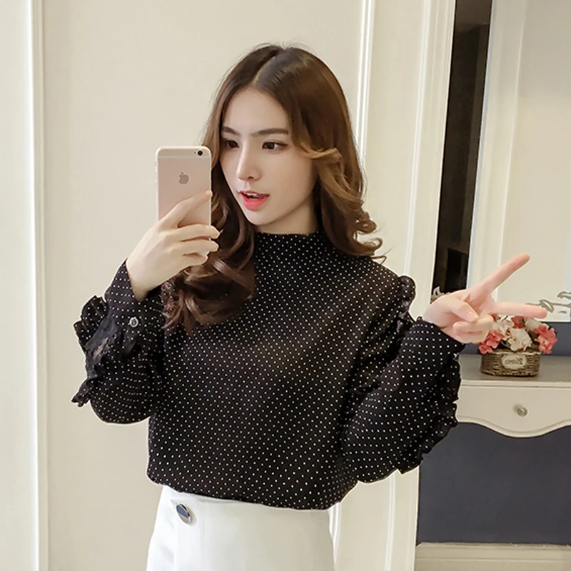 

Spring Polka Dot Ruffles Blouse Shirts Women Hollow-out Round Neck Long Sleeve Chiffon Blouses Tops femininas 2018
