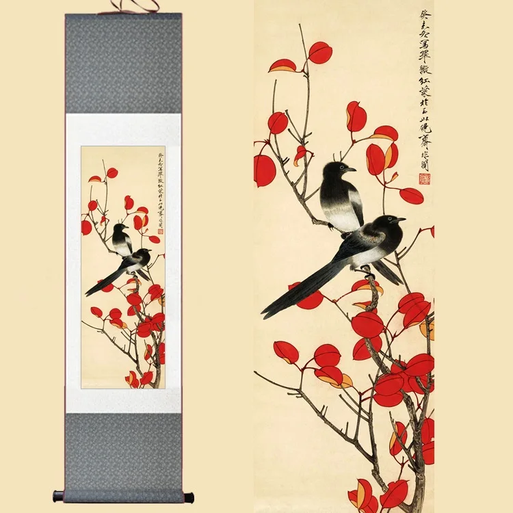 

30X120CM Chinese Silk Watercolor flower birds Ink Magpie red leaves Feng Shui wall picture damask framed scroll canvas painting