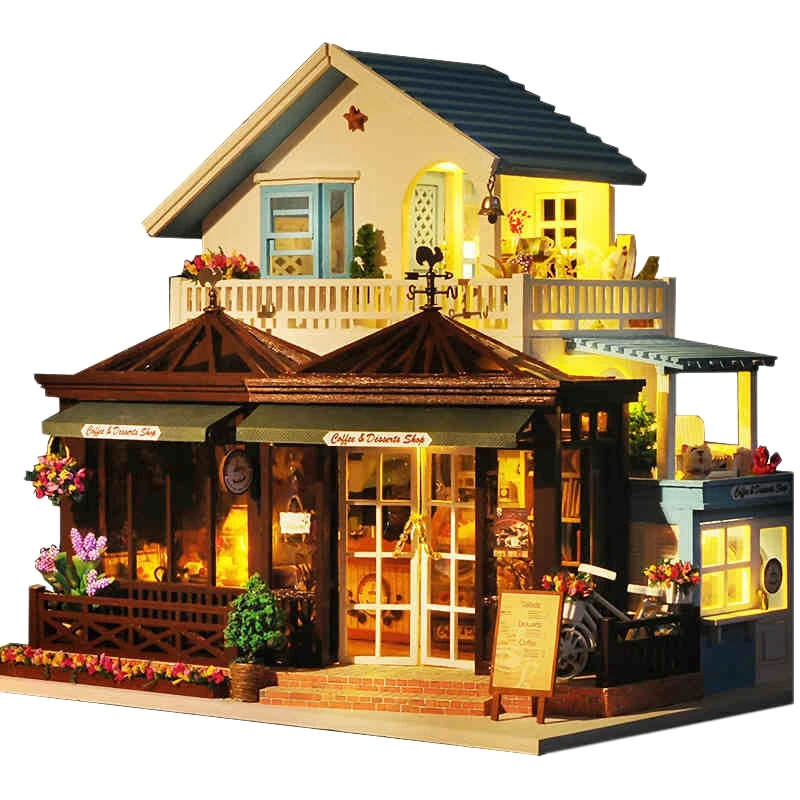 

IIECREATE Large Coffee Wooden Doll House Manual Assembling Model Toys Diy Wooden Hut House With Led Light Small Tools Birthday