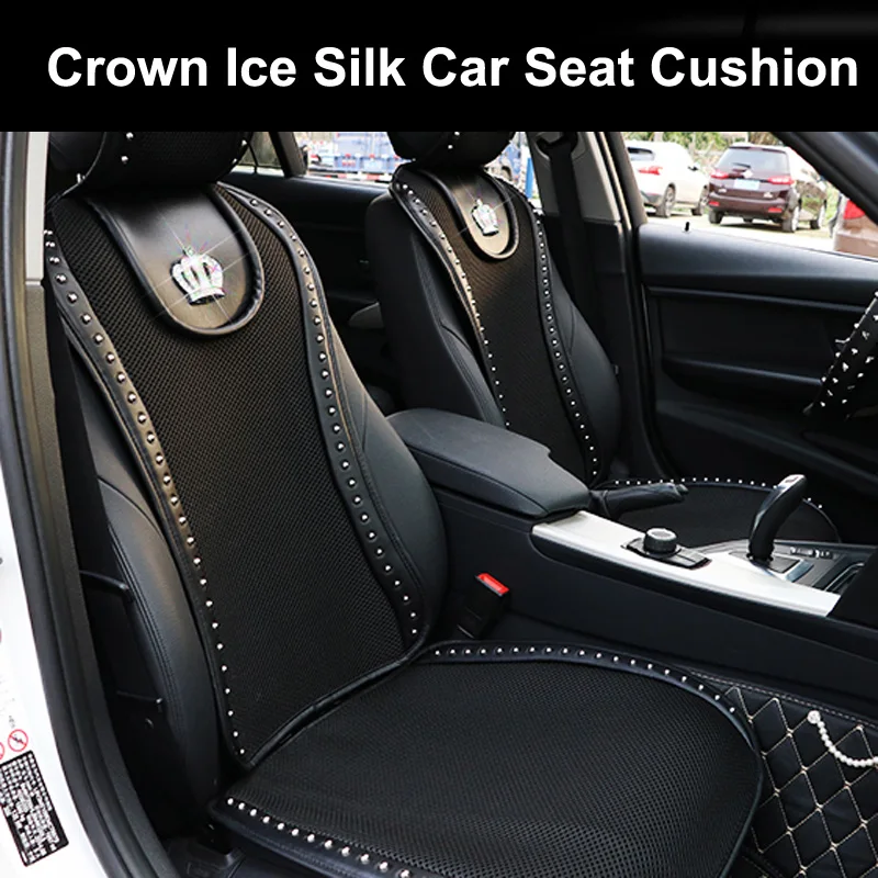 Модный Шелковый чехол для сиденья автомобиля с короной и заклепками, подушка для сиденья черного цвета, универсальный размер, дышащие защитные аксессуары для передних автомобильных сидений