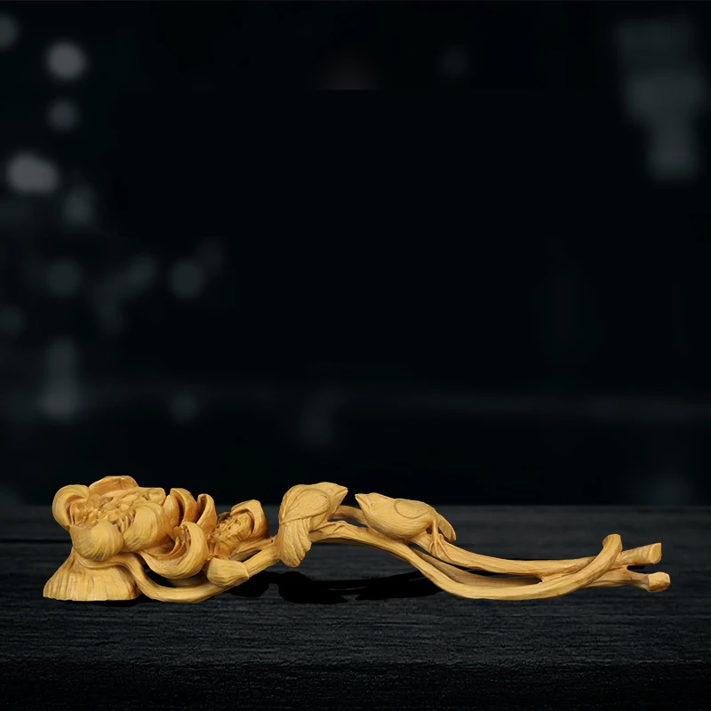 

Lotus double Ruyi figurine Wood carved flowers and birds statue New Year home decoration Safe Trip Wherever You Go wooden gifts