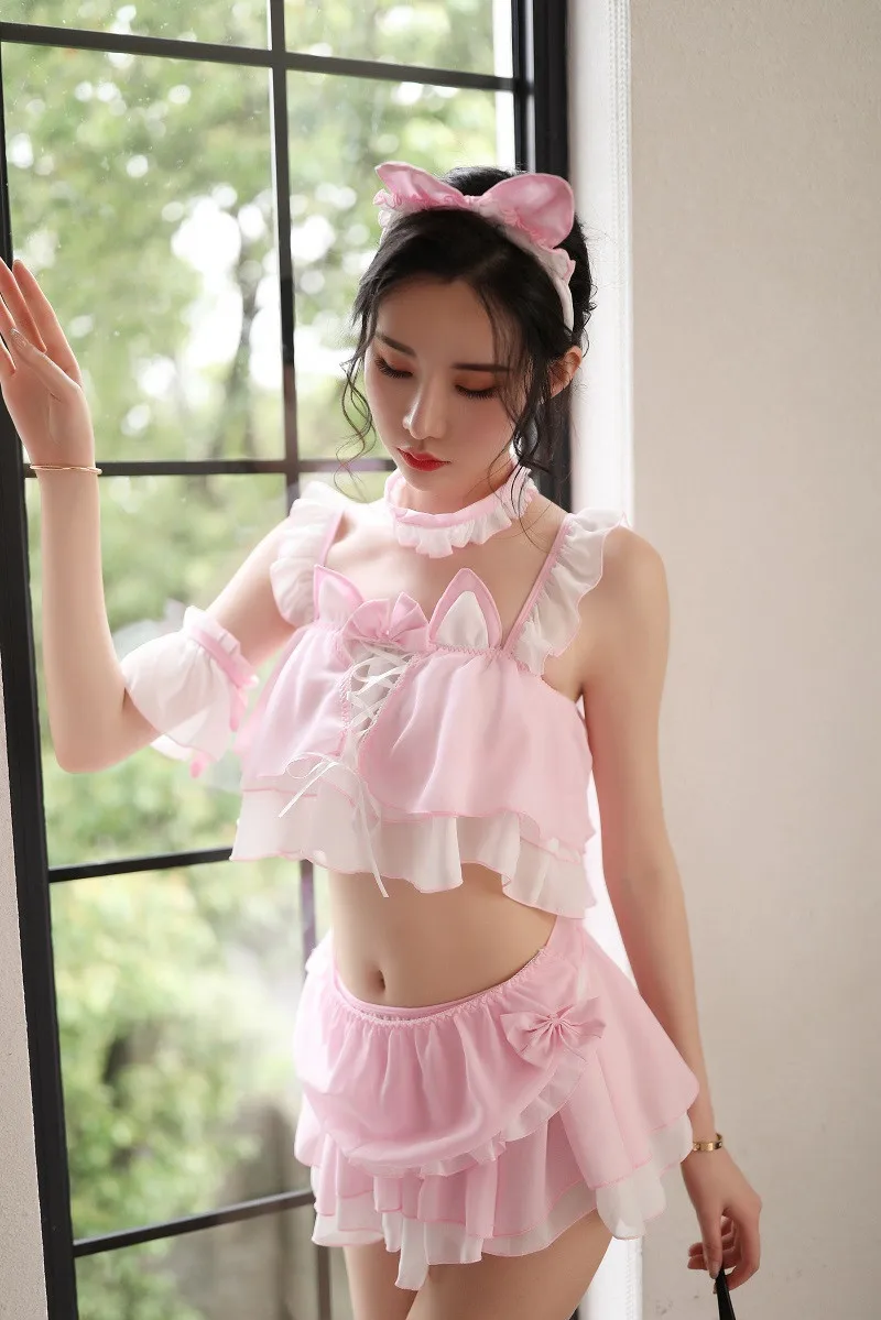 AOMU Sexy Maid Uniform Temptation Cat Sexy Dress Erotic Clothes Japanese Lingerie Uniform Erotic Lace Lingerie Black Pink Style