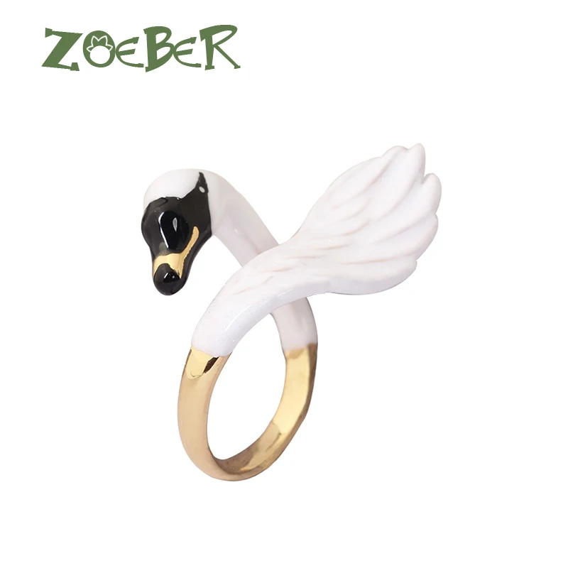 Zoeber Animal Wedding font b Rings b font 3D Enamel Glaze White Swan font b Rings