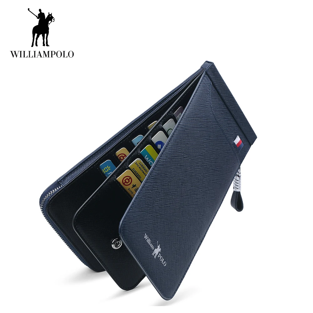 

WILLIAMPOLO New Brand 2018 Ultra-slim Card Holder Men Genuine Leather Zipper Cash Pocket Cross Pattern/Saffiano Snap Fastener