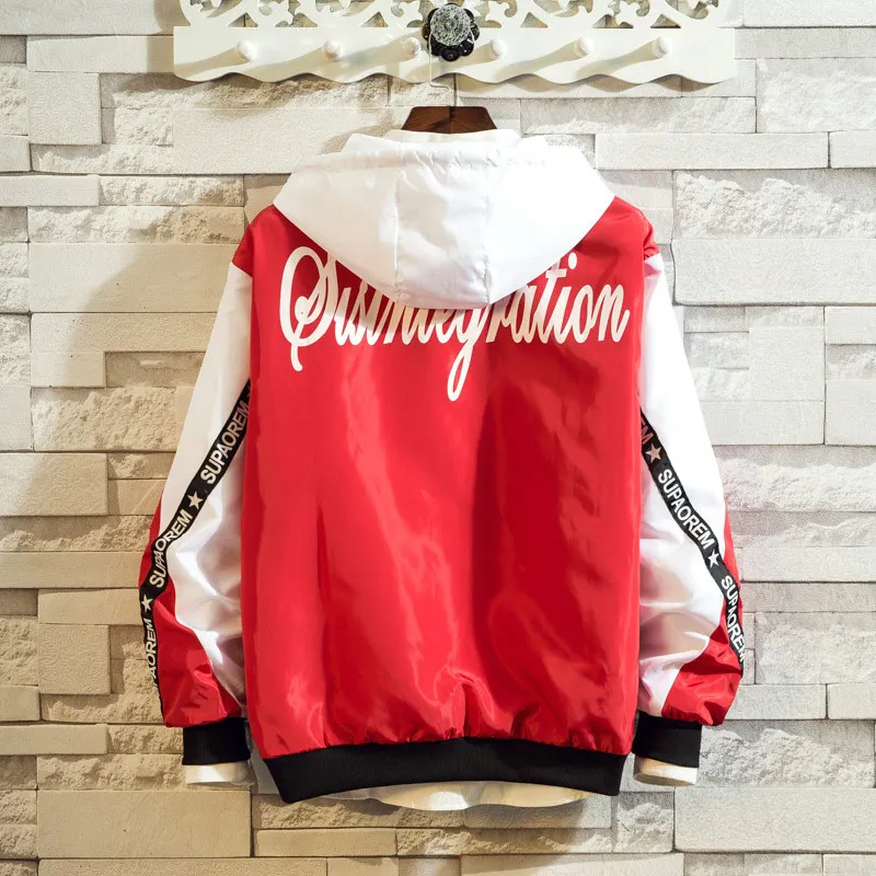 Koop Mannen \\ s bomber Jas Colorblock Jas Mode Sportkleding Casual Jack Mannen \\ s Hip Hop Straat Pak 2019 Nieuwe capuchon