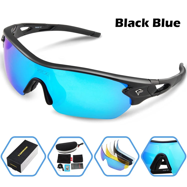 Поляризационные спортивные солнцезащитные очки для женщин с 5 сменными линзами для мужчин Велоспорт Бег вождения Рыбалка Гольф - Цвет: Black Blue