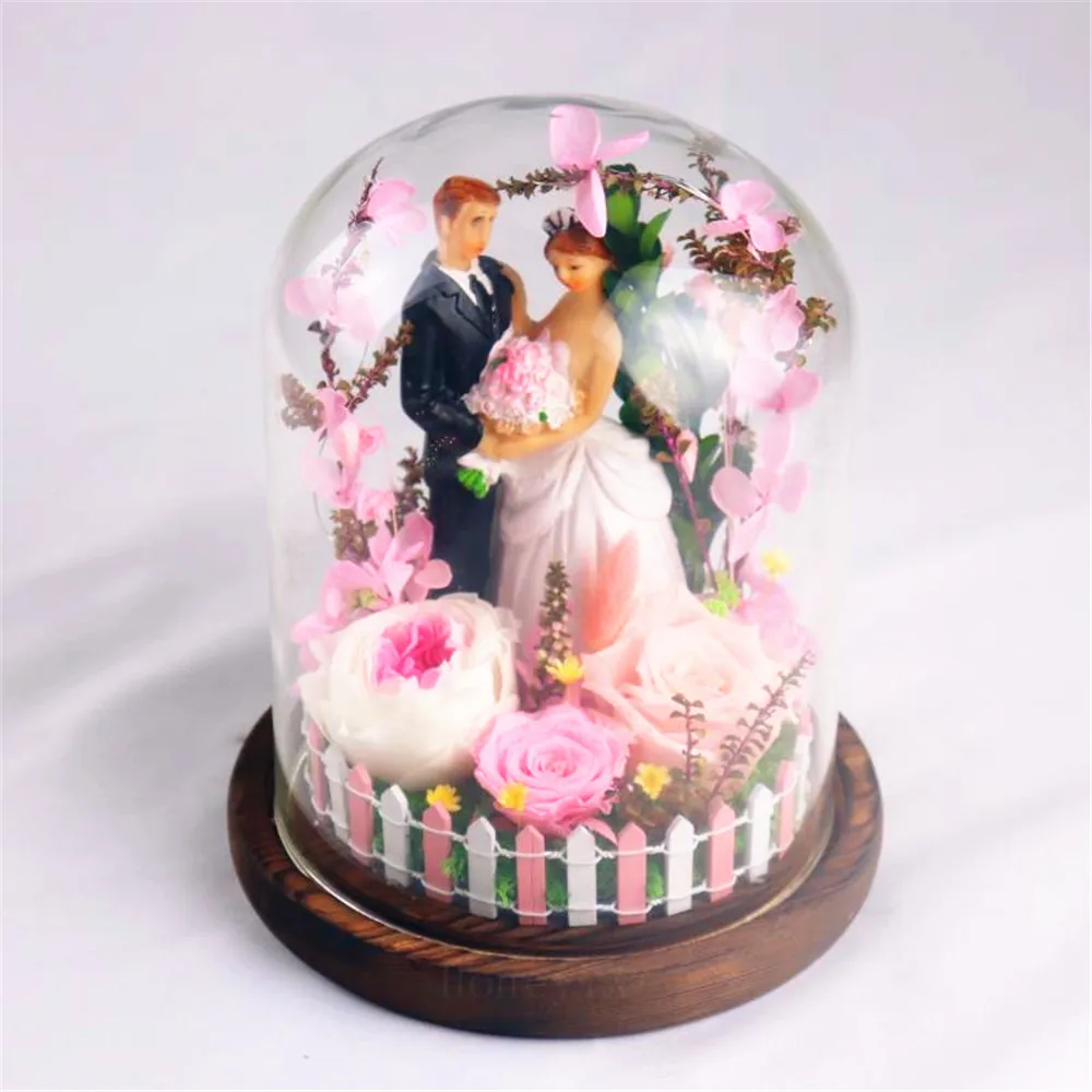 

Pink Natural Fresh Rose with Lights In Glass Vase Preserved Cloche Wedding Decorations Forever Rose Flower Unique Gifts