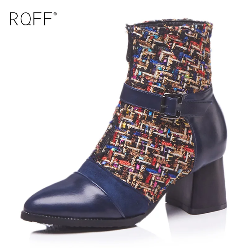 

RQFF Winter New Arrivals Tweed Ankle Boots Women High Heel Plus Size Pointed Toes Zipper Mixed Color Handmade Shoes Woman