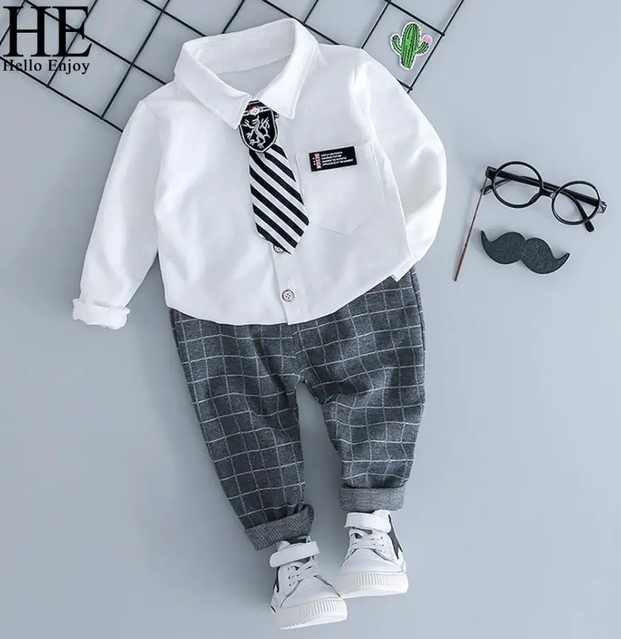 HE Hello Enjoy/комплект одежды для маленьких мальчиков на день рождения, рубашка с галстуком+ клетчатые штаны Осенняя официальная одежда для новорожденных - Цвет: white