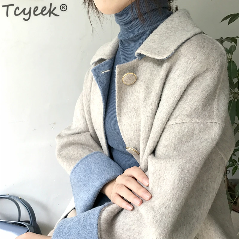 Tcyeek Весенняя женская одежда шерстяное пальто женское кашемировое пальто Альпака длинное бежевое осеннее зимнее шерстяное пальто LWL1394