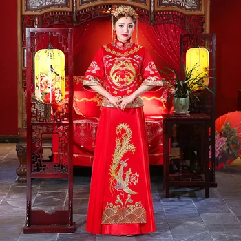 

Oriental Women Red Suzhou Embroidery Phoenix Marriage Suit 2PCS Vintage Bride Wedding Dress Cheongsam Traditional Tang Qipao