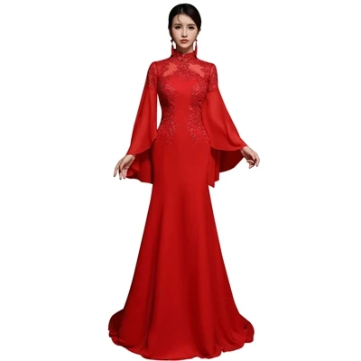 Свадебные платья для вечеринок спинки вышивка китайский красный Cheongsam с расклешенными рукавами сексуальные платья невесты TS791 - Цвет: 1