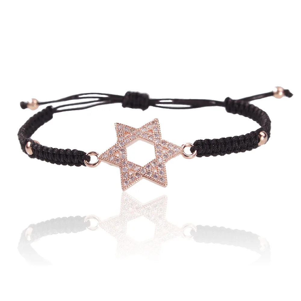 

six pointed Jewish Star of David charm bracelet zircon micro paved copper pull cord slipknot macrame men women jewelry gift girl