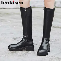 Lenkisen 2018 новые модные классические сапоги В рыцарском стиле черный цвет телячья кожа плюс размер с круглым носком на среднем толстом