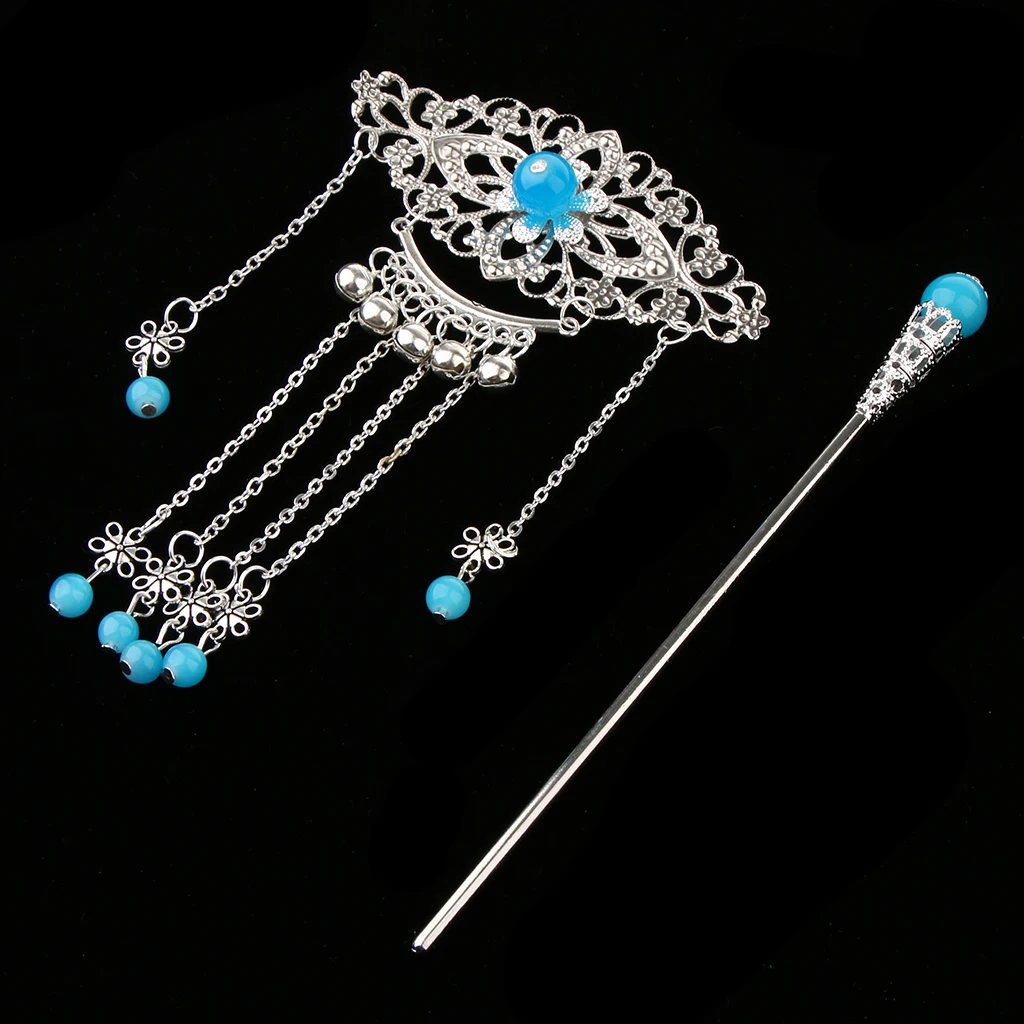 Womens Retro Traditional Chinese Wedding Floral Tassels Bells Hair Stick Chignon Chopsticks Headwear Jewelry