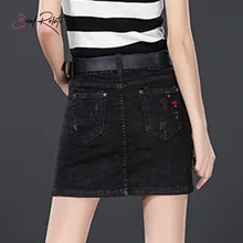 Короткая Мини Черная Женская юбка летняя модная сексуальная джинсовая юбка с вышивкой короткая Мини-Юбка стильная повседневная одежда