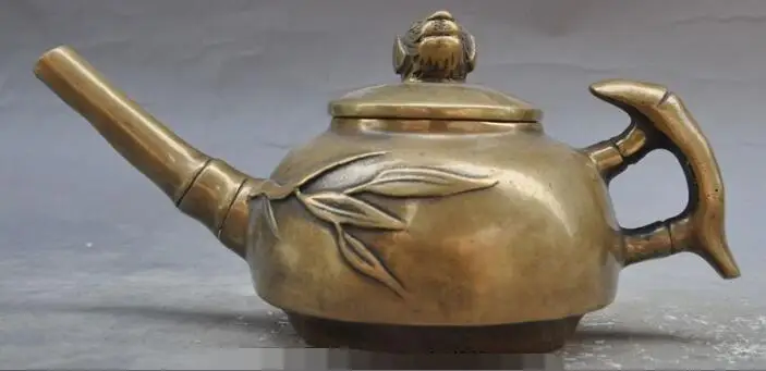 

S03233 8" marked Chinese pure bronze Bamboo Dog head statue Wine Tea Pot Flagon Teapot (A0321)