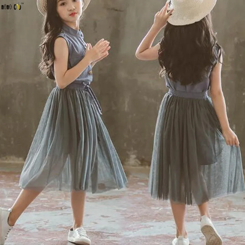 

Fashion School Girls Clothing Set Summer Sleeveless Mesh Kid Outfit Shirt Dress & Skirt Child Clothes 4 5 6 7 8 9 10 11 12 Years