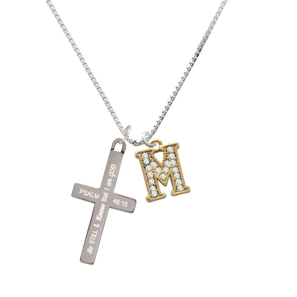 Crystal Gold Tone Initial - M - Beaded Border - - Be Still and Know - Cross Necklace