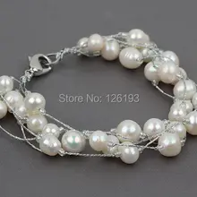 Снег белый пресной воды жемчуг с серебро цвет проволока много 7,5-дюймовый-strand браслет