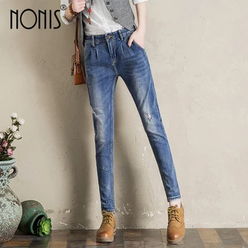 

Nonis 2018 Boyfriend Jeans Harem Pants Women Trousers Casual Plus Size Loose Fit Vintage Denim Pants Mid Stretch Jeans