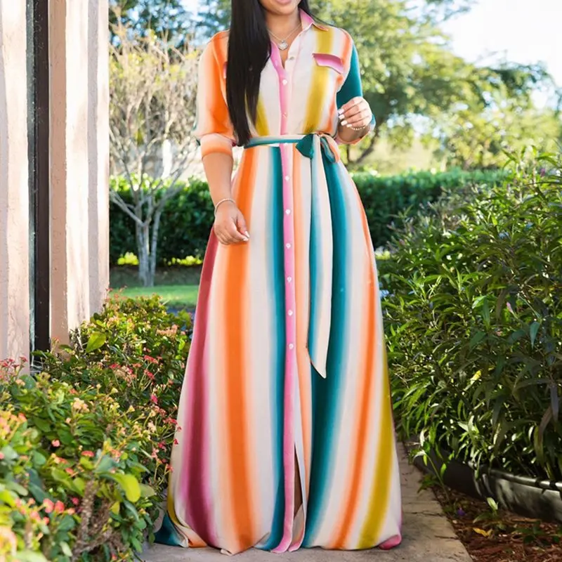 

Rainbow Stripe Long Dress Women 2019 New Arrival Stylish African Ladies Summer Plus Size Casual Robe Vintage Shirt Maxi Dresses